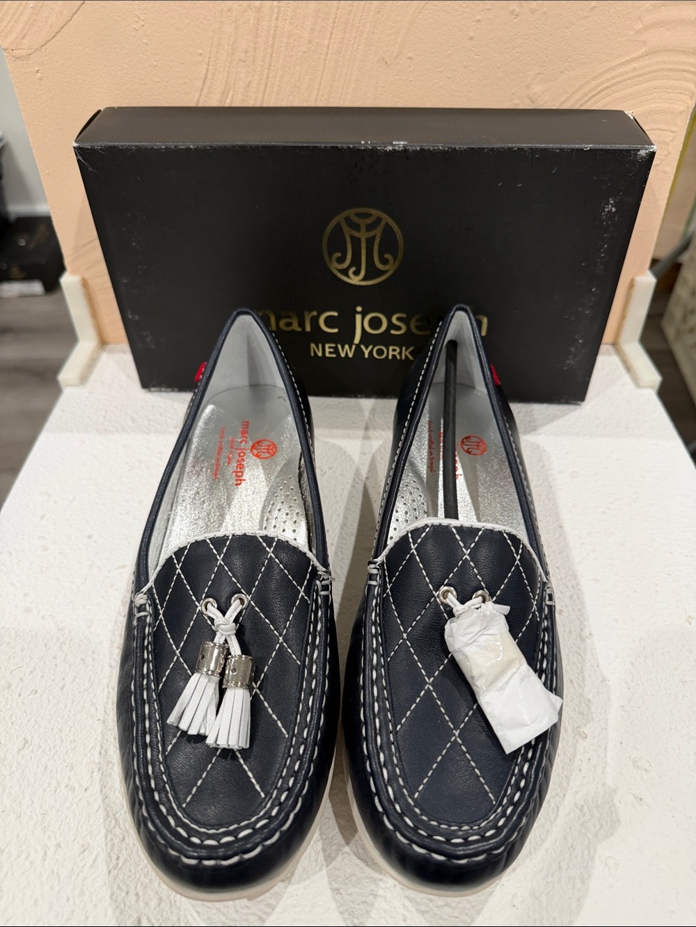 Marc Joseph Navy Quilted Tassel Slip-On Loafers